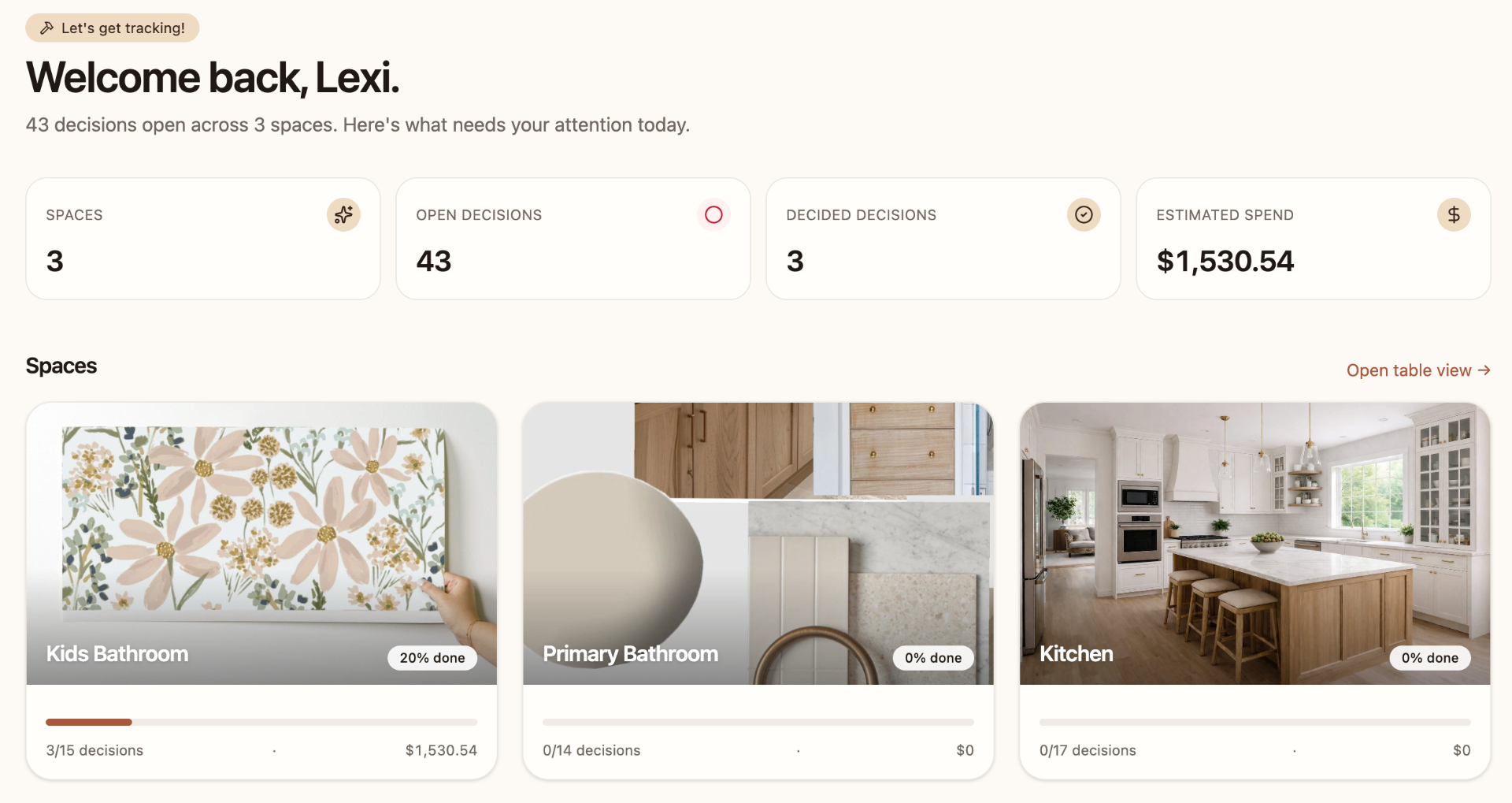 RenoTracker dashboard showing spaces, decisions, and estimated spend